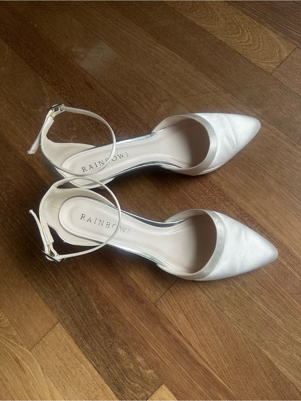 Rainbow White Satin Pointed-Toe Ankle-Strap Heels